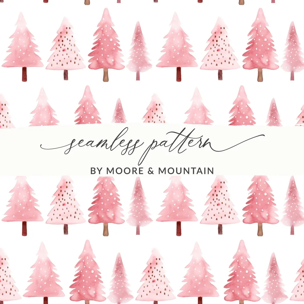 Pink Christmas Tree Pattern T-Shirt, Digital Download, Watercolor Xmas Tree Seamless Design, Holiday Fabric Print, Festive Textile Design - Moore and Mountain