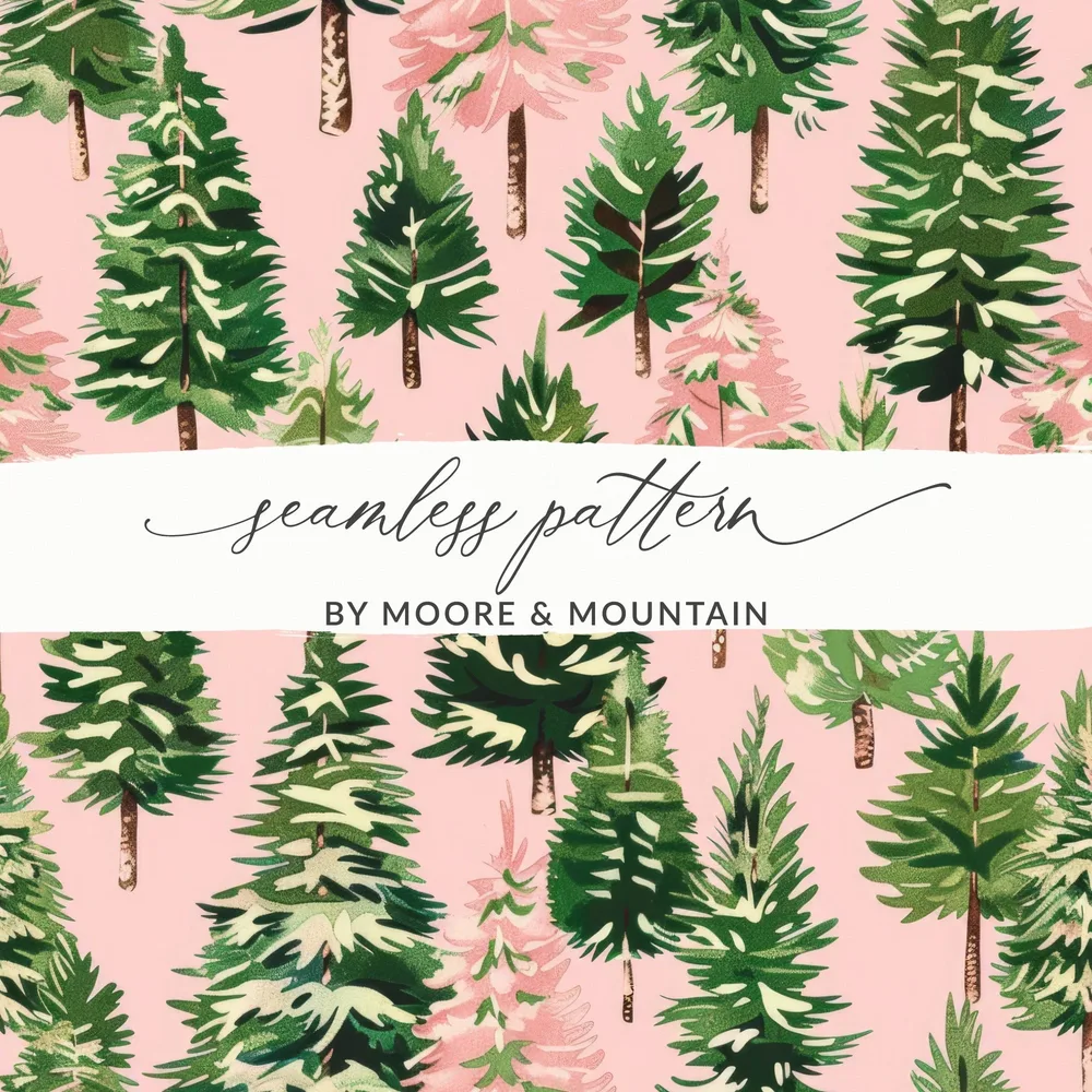 Pink Christmas Tree T-Shirt, Digital Art, Winter Forest Seamless Pattern, Holiday Design, Festive Gift, Christmas Decor, Unique Art - Moore and Mountain