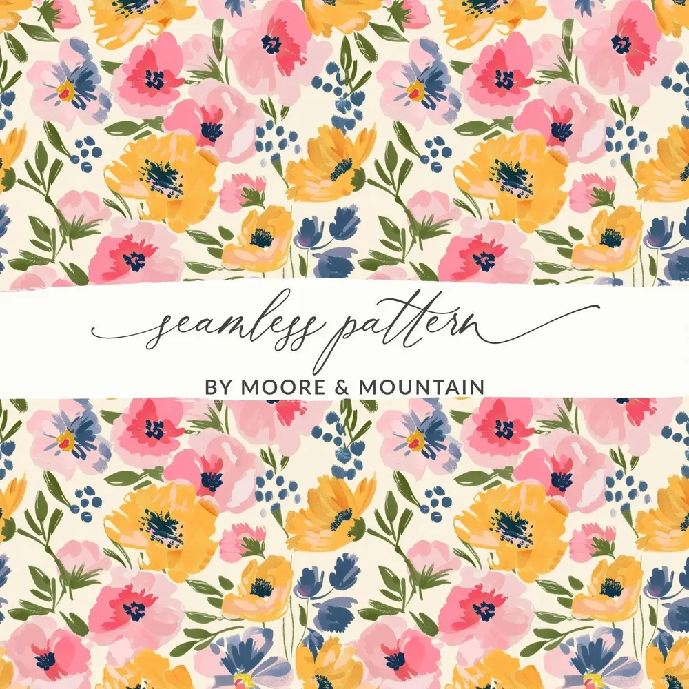 Pink Ditsy Floral Digital Paper, Yellow Flower Pattern, Seamless Flower Design, Fabric Print, Scrapbook Paper, Digital Download - Moore and Mountain