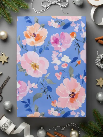 Floral Patterned Gift Wrap with Pink and Orange Flowers