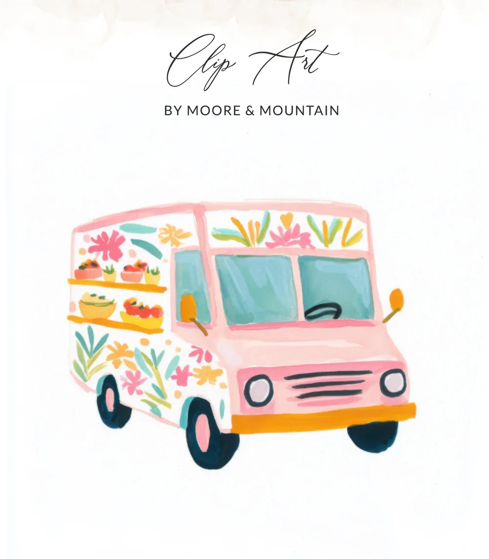 Pink food truck with colorful floral decorations and text "Clip Art by Moore & Mountain".