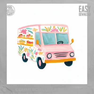 Pink food truck with floral designs and fruit displays.