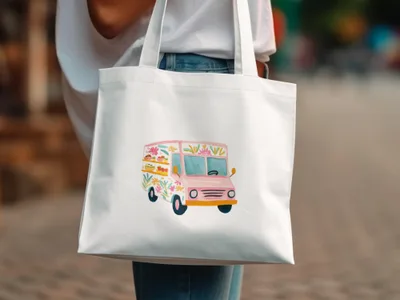 White tote bag with a watercolor illustration of a pink food truck adorned with flowers.