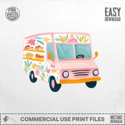 Pink floral food truck illustration with shelves of food and easy download text.