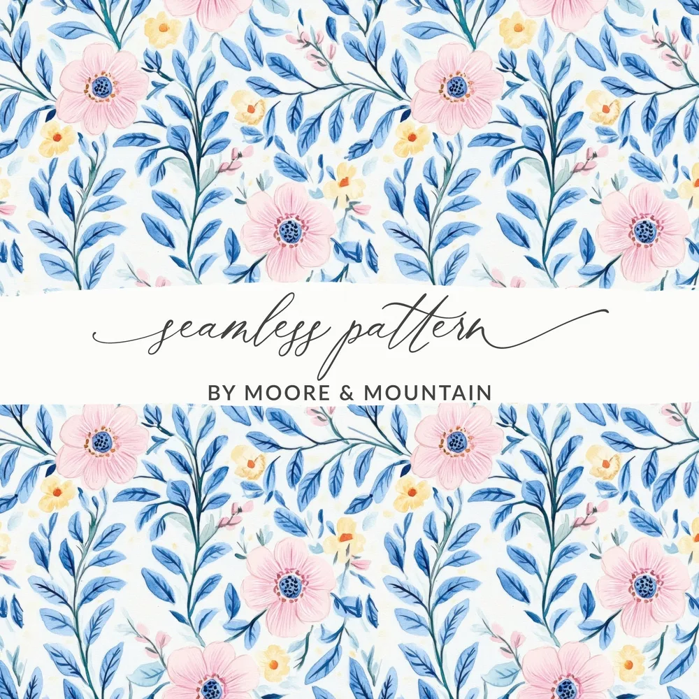 Pink Floral Pattern Digital Paper, Blue Leaves Watercolor, Seamless Flower Pattern, Pastel Spring Fabric Design, Scrapbooking Paper - Moore and Mountain