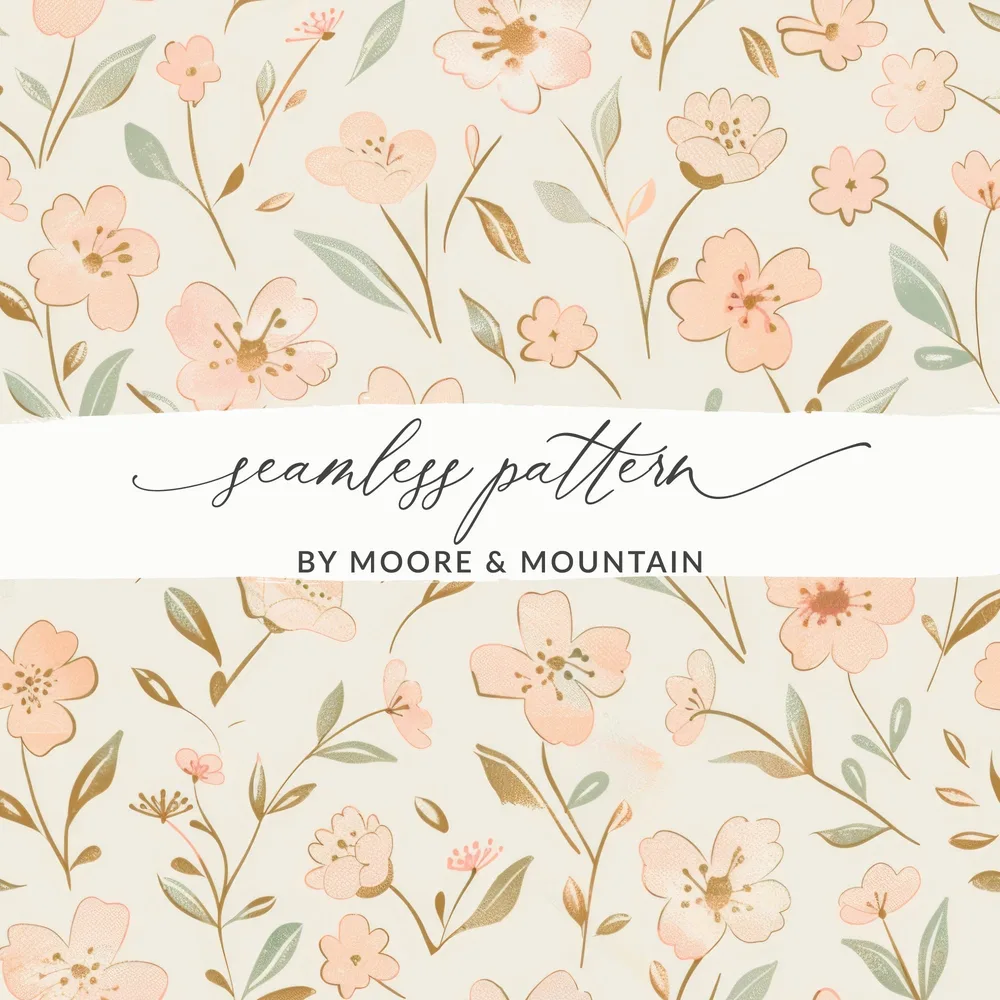 Pink Floral Pattern Digital Paper, Spring Blossom Illustration, Watercolor Flower Seamless Design, Cream Background Printable Art - Moore and Mountain