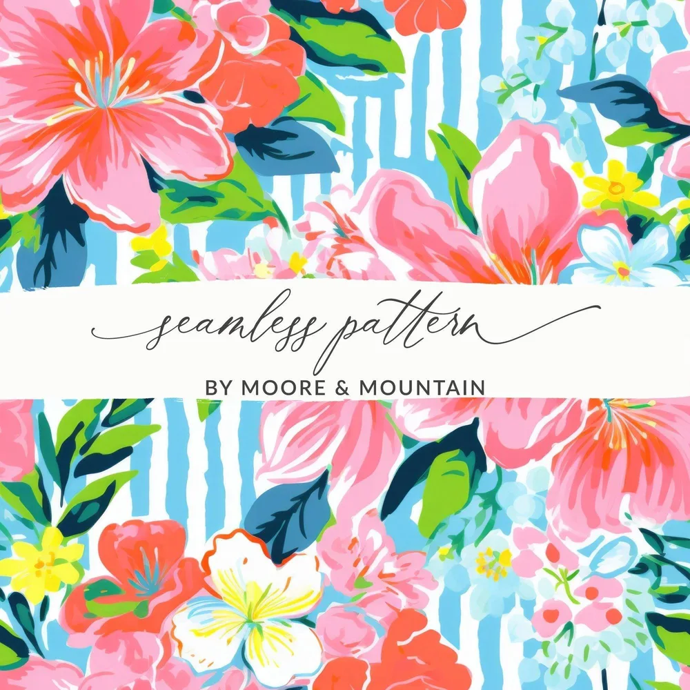 Pink Floral Seamless Pattern Digital Paper, Tropical Flower Print, Colorful Stripe Background, Flower Fabric Design, Girly Wallpaper - Moore and Mountain