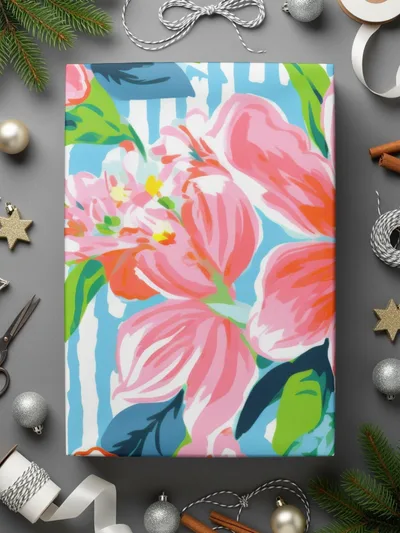 Pink Floral Seamless Pattern Digital Paper, Tropical Flower Print, Colorful Stripe Background, Flower Fabric Design, Girly Wallpaper - Moore and Mountain