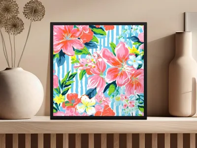 Pink Floral Seamless Pattern Digital Paper, Tropical Flower Print, Colorful Stripe Background, Flower Fabric Design, Girly Wallpaper - Moore and Mountain