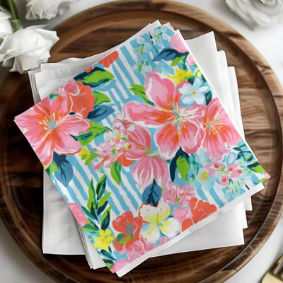 Pink Floral Seamless Pattern Digital Paper, Tropical Flower Print, Colorful Stripe Background, Flower Fabric Design, Girly Wallpaper - Moore and Mountain