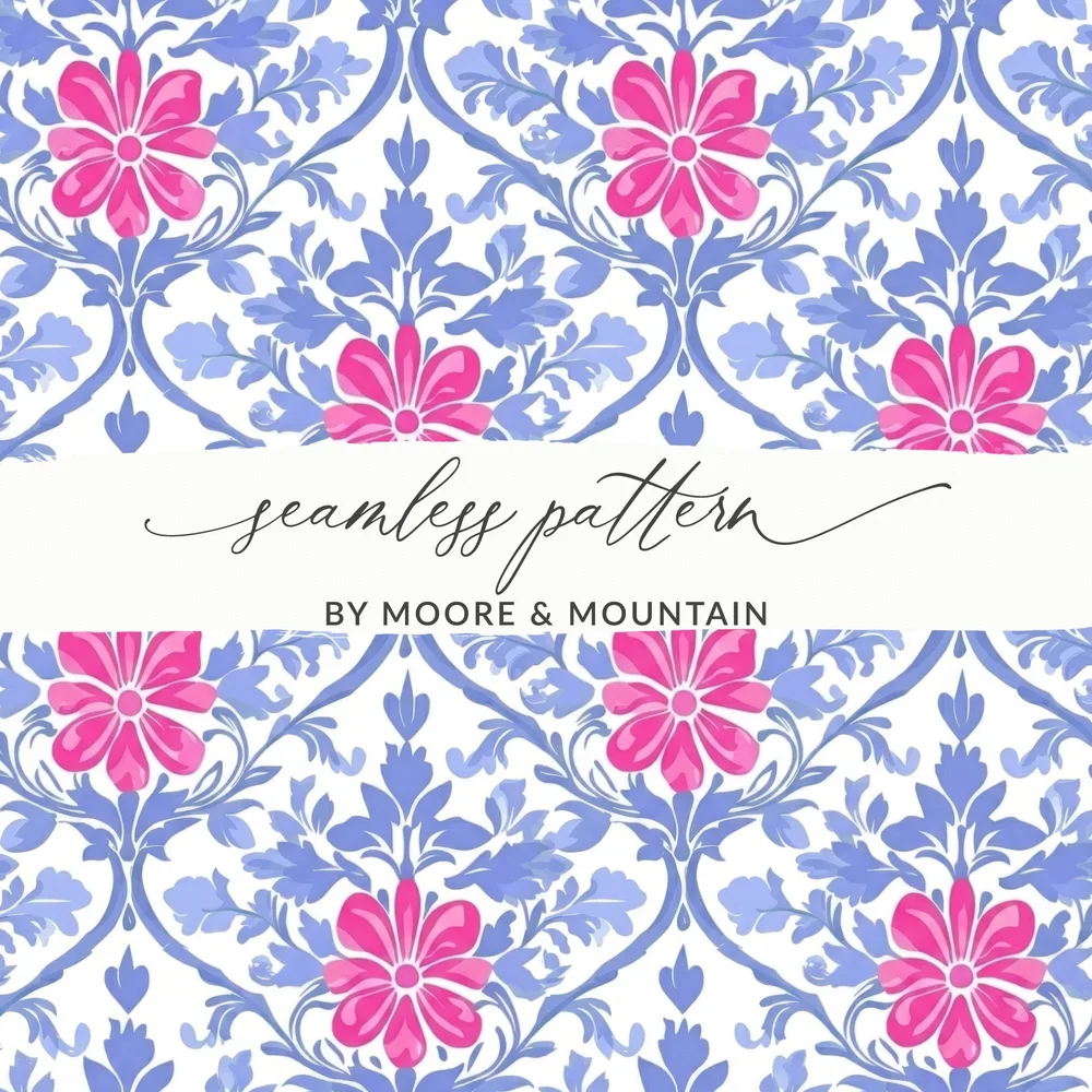 Seamless floral pattern with pink flowers and blue leaves.