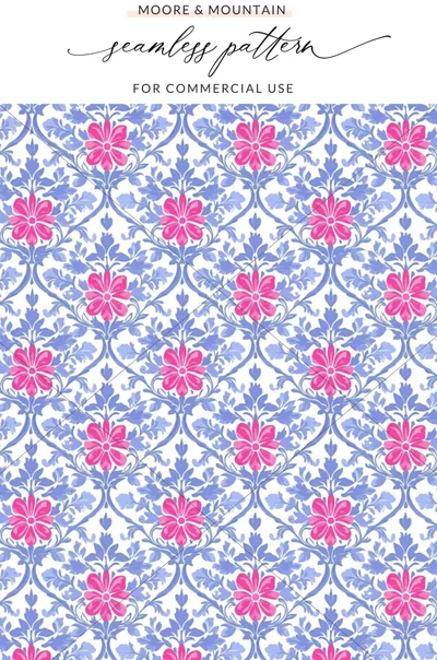 Pink flowers and blue leaves form a repeating damask pattern.