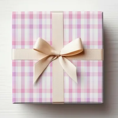 Pink and White Plaid Gift Box with Beige Bow product