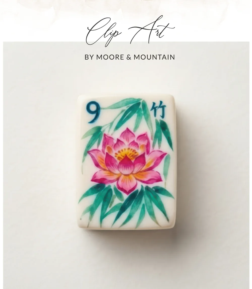 Pink Lotus Mahjong Tile PNG Clipart Digital Download, Preppy Chinoiserie Floral Game Tile Sublimation Design, Watercolor Mahjong Print