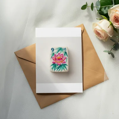 Pink Lotus Mahjong Tile PNG Clipart Digital Download, Preppy Chinoiserie Floral Game Tile Sublimation Design, Watercolor Mahjong Print