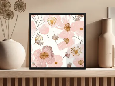 Floral Botanical Art Print with Pink and Gold Flowers