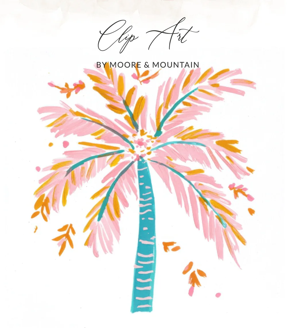 Palm tree illustration with "Clip Art by Moore & Mountain" text.