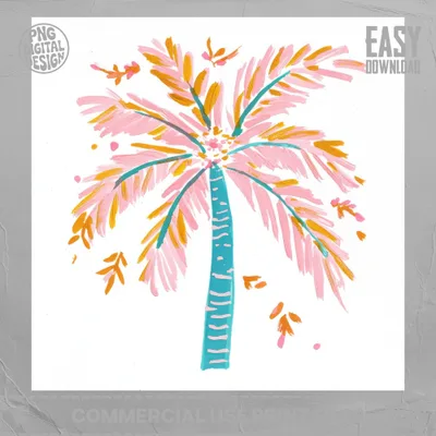 Hand-painted palm tree with pink and orange fronds on white background.