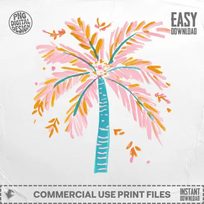 Hand-drawn pink and orange palm tree with teal trunk and text "EASY DOWNLOAD".