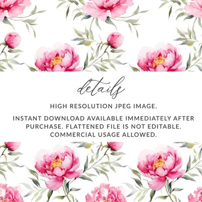 Pink Peony Seamless Pattern, Watercolor Floral Design, Digital Paper, Scrapbooking, Fabric Print, Background, Digital Download - Moore and Mountain