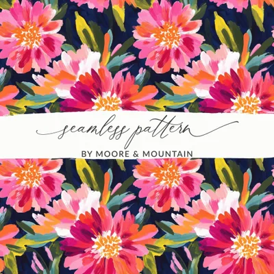 Pink Peony Seamless Pattern Watercolor Peonies Pattern Pink and Navy Blue