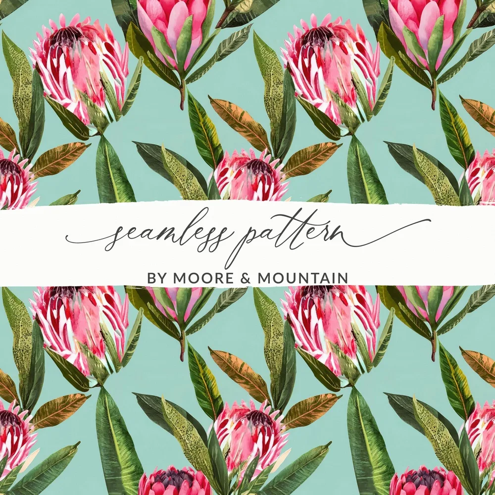 Pink Protea Flower Digital Paper, Seamless Floral Pattern, Tropical Leaves Background, Scrapbook Paper, Printable Fabric Design - Moore and Mountain