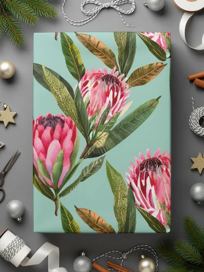 Pink Protea Flower Digital Paper, Seamless Floral Pattern, Tropical Leaves Background, Scrapbook Paper, Printable Fabric Design - Moore and Mountain