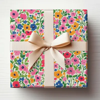 Colorful Flower Pattern Wrapped Gift Box with Ribbon