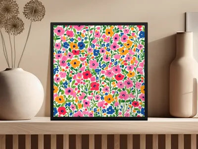 Colorful Floral Pattern Framed Wall Art Decor Piece