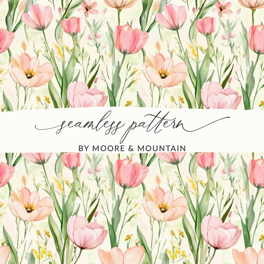 Pink Tulip Pattern Digital Paper, Watercolor Pink Floral Tulips Spring - Moore and Mountain