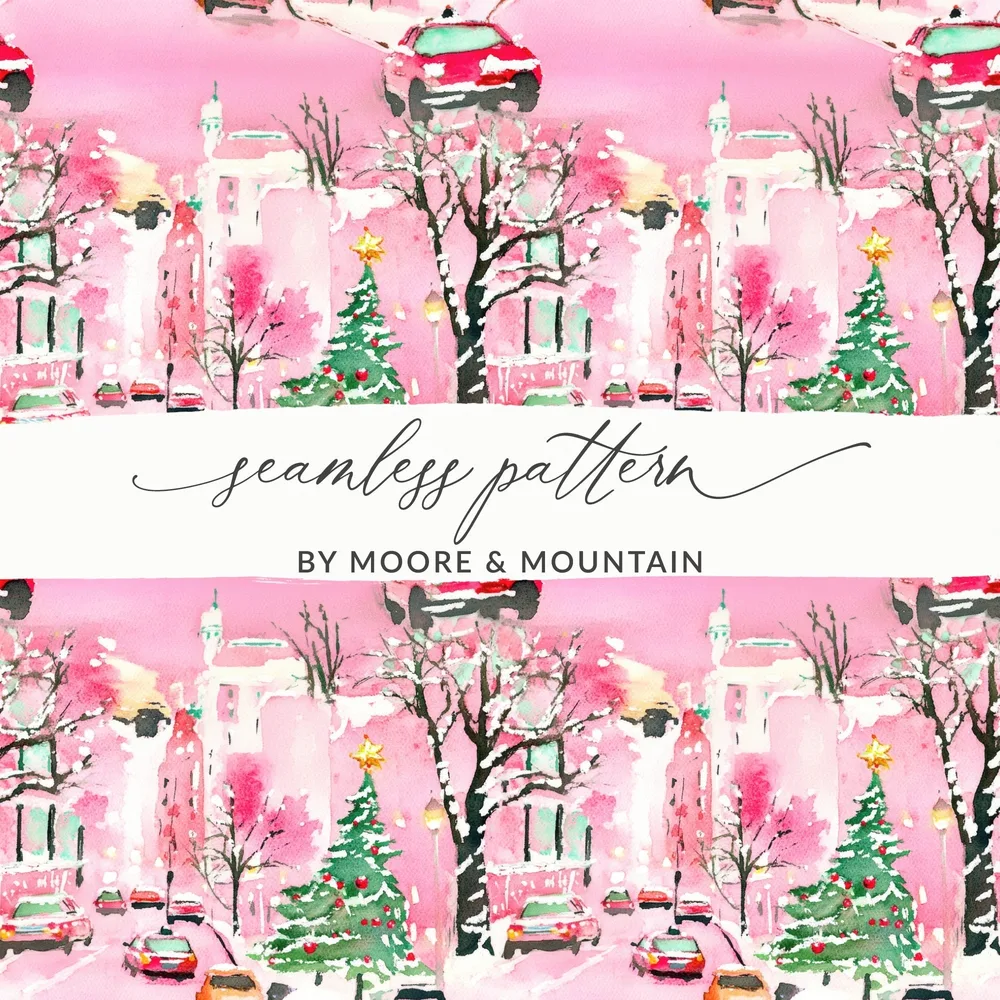 Pink Watercolor Christmas Digital Paper, Snowy Cityscape Pattern, Holiday Car Print, Winter Background, Christmas Seamless Pattern - Moore and Mountain