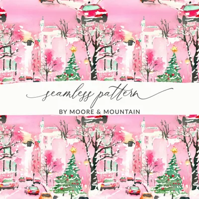 Pink Watercolor Christmas Digital Paper, Snowy Cityscape Pattern, Holiday Car Print, Winter Background, Christmas Seamless Pattern