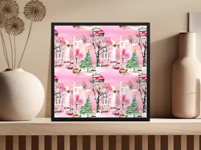 Pink Watercolor Christmas Digital Paper, Snowy Cityscape Pattern, Holiday Car Print, Winter Background, Christmas Seamless Pattern - Moore and Mountain