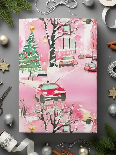 Pink Watercolor Christmas Digital Paper, Snowy Cityscape Pattern, Holiday Car Print, Winter Background, Christmas Seamless Pattern - Moore and Mountain