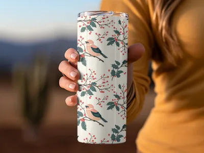 Festive Holiday Bird and Holly Patterned Tumbler