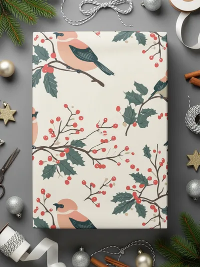 Festive Birds and Holly Gift Wrap for Holiday Season