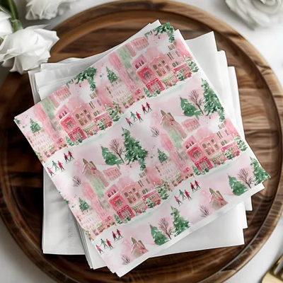 Pink Winter Town Watercolor, Christmas Digital Paper, Holiday Pattern, Cute Town Illustration, Xmas Fabric Design, Festive Seamless Repeat - Moore and Mountain