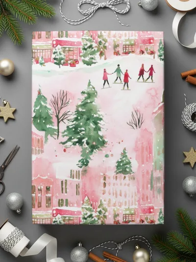 Pink Winter Town Watercolor, Christmas Digital Paper, Holiday Pattern, Cute Town Illustration, Xmas Fabric Design, Festive Seamless Repeat - Moore and Mountain