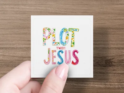 Square card with "PLOT TWIST: JESUS" in colorful floral lettering.