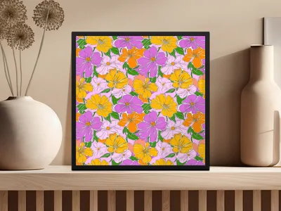 Preppy 60's floral pattern, pink orange seamless pattern, digital background, vibrant flower digital paper, retro floral print digital product - Moore and Mountain