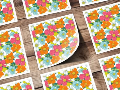Preppy 60's Floral Pattern, Seamless Pattern, Digital Background, Pink Orange Blue White Flowers, Digital Product, for Fabric, Paper, and Crafts - Moore and Mountain