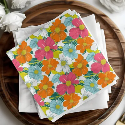 Preppy 60's Floral Pattern, Seamless Pattern, Digital Background, Pink Orange Blue White Flowers, Digital Product, for Fabric, Paper, and Crafts - Moore and Mountain