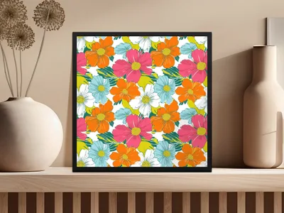 Preppy 60's Floral Pattern, Seamless Pattern, Digital Background, Pink Orange Blue White Flowers, Digital Product, for Fabric, Paper, and Crafts - Moore and Mountain