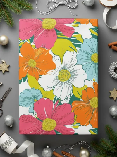 Preppy 60's Floral Pattern, Seamless Pattern, Digital Background, Pink Orange Blue White Flowers, Digital Product, for Fabric, Paper, and Crafts - Moore and Mountain