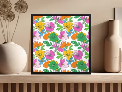 Preppy 60's floral pattern, seamless pattern, digital background, pink, yellow, orange, green, blue flower pattern, digital paper - Moore and Mountain
