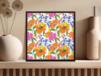 Preppy 60's Floral Pattern, Seamless Pattern, Orange Pink Blue Flower Digital Background, Floral Print, Flower Design, Digital Paper - Moore and Mountain