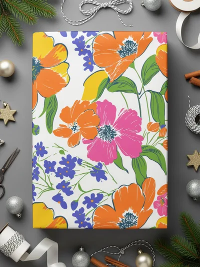 Preppy 60's Floral Pattern, Seamless Pattern, Orange Pink Blue Flower Digital Background, Floral Print, Flower Design, Digital Paper - Moore and Mountain