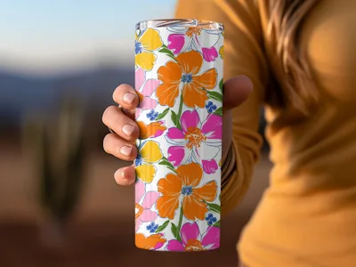 Preppy 60's floral pattern, seamless pattern, pink orange yellow flower digital background, vibrant floral designs, retro flower power pattern - Moore and Mountain