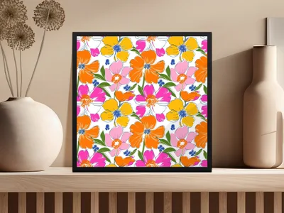 Preppy 60's floral pattern, seamless pattern, pink orange yellow flower digital background, vibrant floral designs, retro flower power pattern - Moore and Mountain