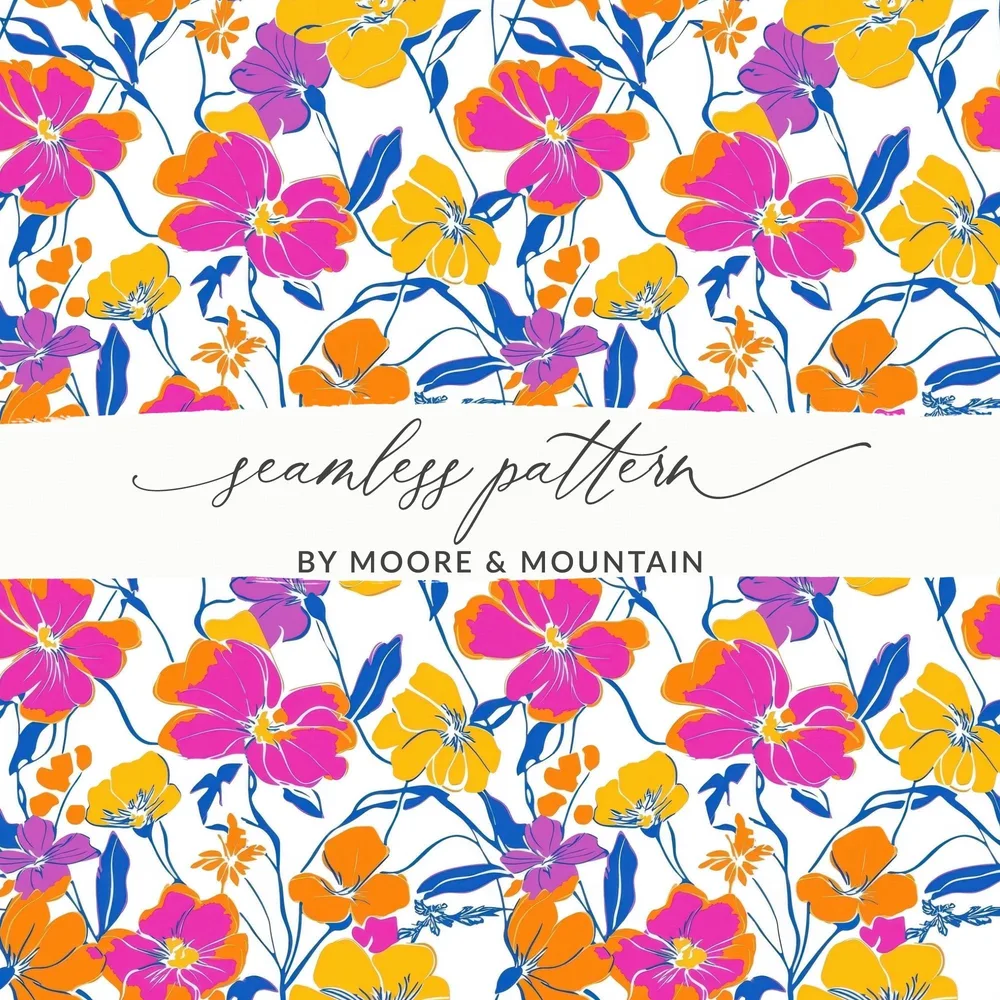 Preppy 90s floral pattern, digital background, pink orange yellow flowers, seamless pattern, digital paper pack, floral print, colorful design - Moore and Mountain